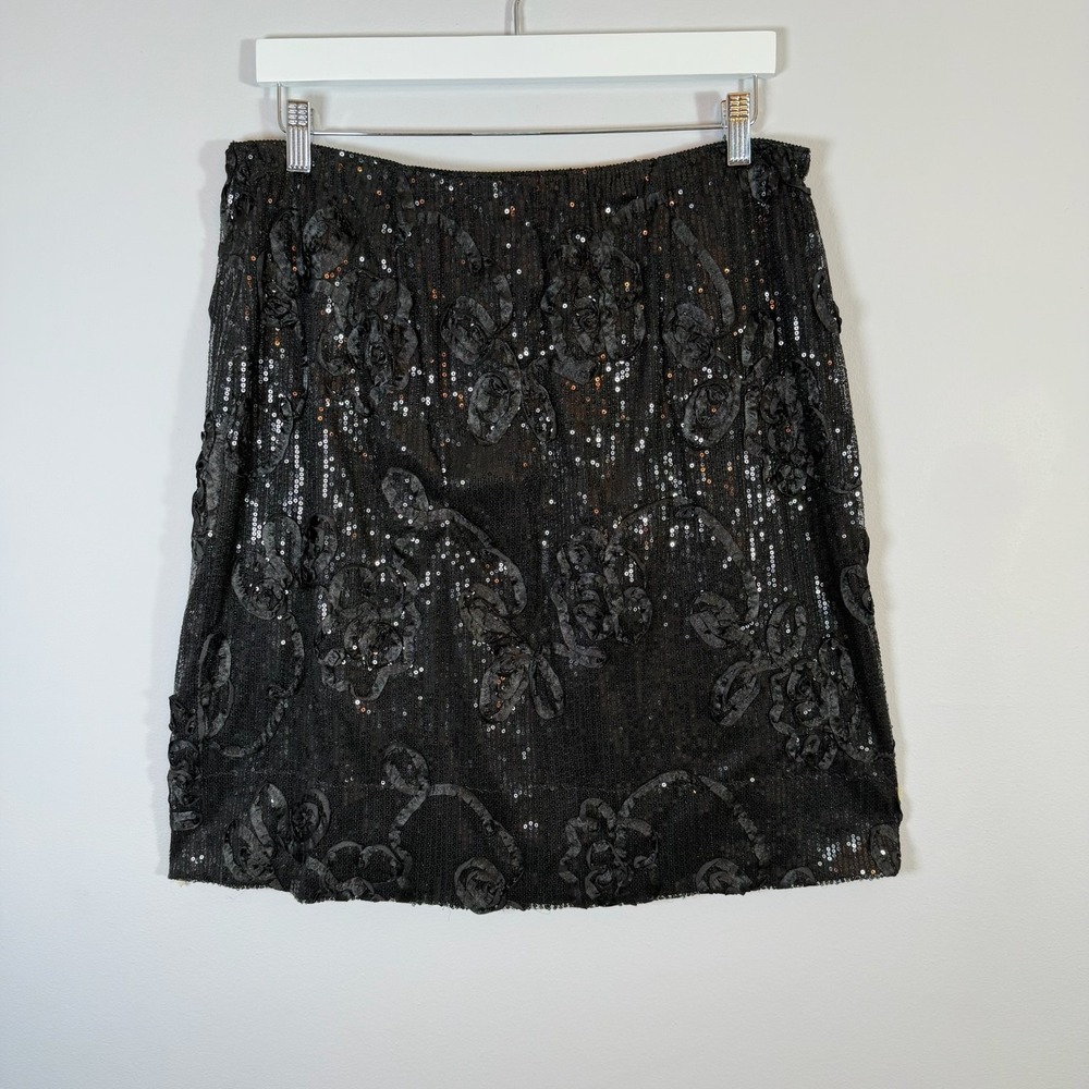 Alex Evenings Black Sequin Rosette Floral Skirt XL Party Cocktail‎ Goth Y2K